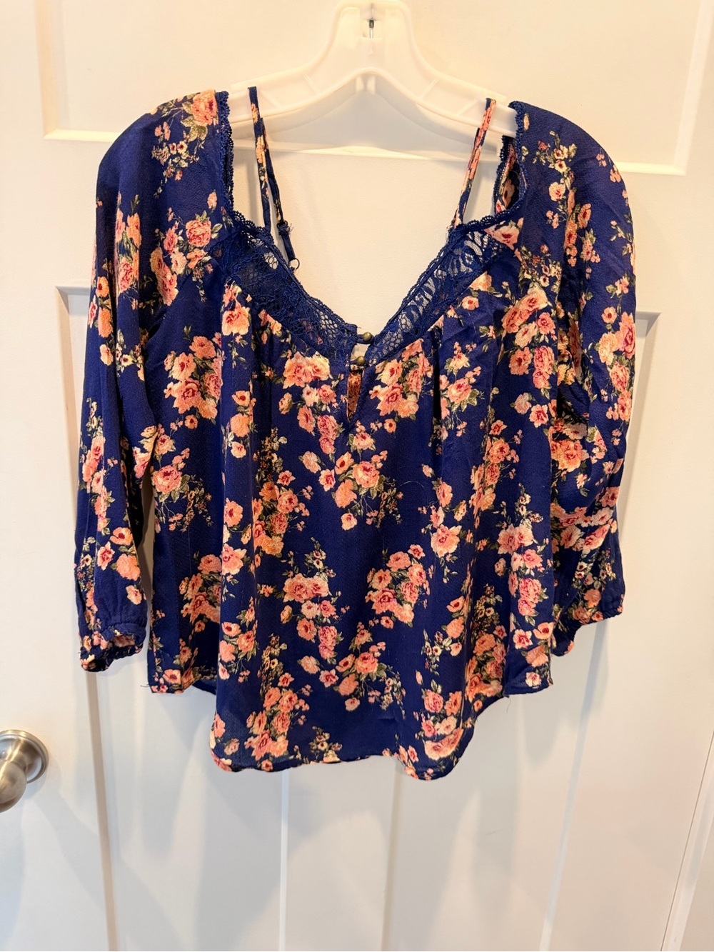 Rewind Floral Boho Peasant Top Navy Pink Lace Trim Medium